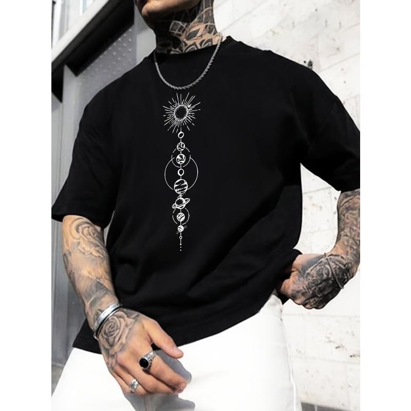 European sizes Planet Creative Print Men's Short Sleeve T-Shirt, Casual Round Neck Top, Versatile And Comfortable Tee, Spring& Summer Collection