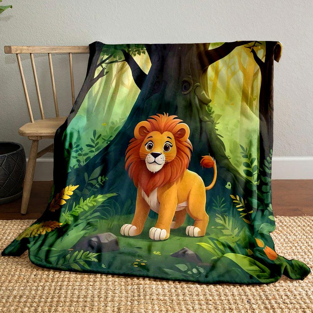 Cartoon Lion in Enchanted Forest print blanket soft and cozy perfect for the living room bed sofa or a nap,gift