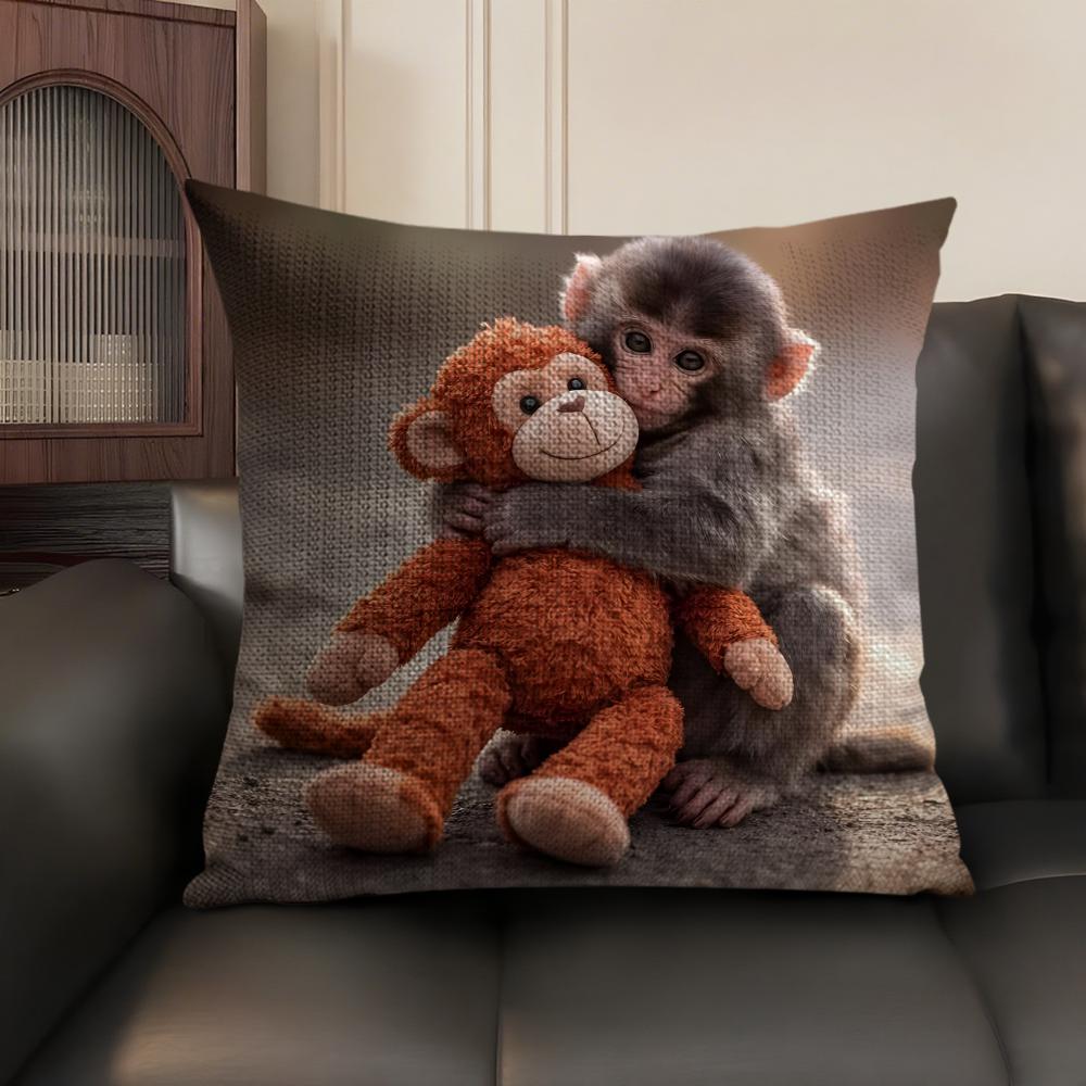 Punch Monkey Süßer Kissenbezug Natürlicher Leinen Bio-Stoff Doppelseitiger Druck Sofa Heimdekoration Geschenk Kissenhülle