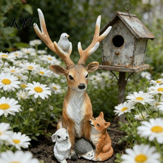 Indoor Home Entrance Hall Displays Forest Deer Small Animal Resin Statue, Elk Figurine with Rabbit Outdoor Patio Lawn Decorations Fox Hedgehog,