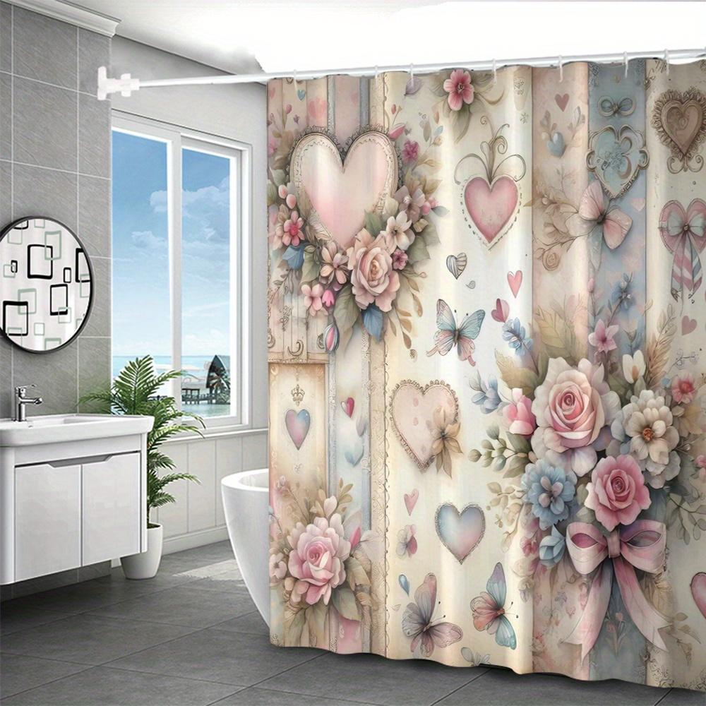 Valentine's Day Floral Butterfly Heart Pattern Polyester Shower Curtain - with Pink Roses, Bluebells and Green Leaves