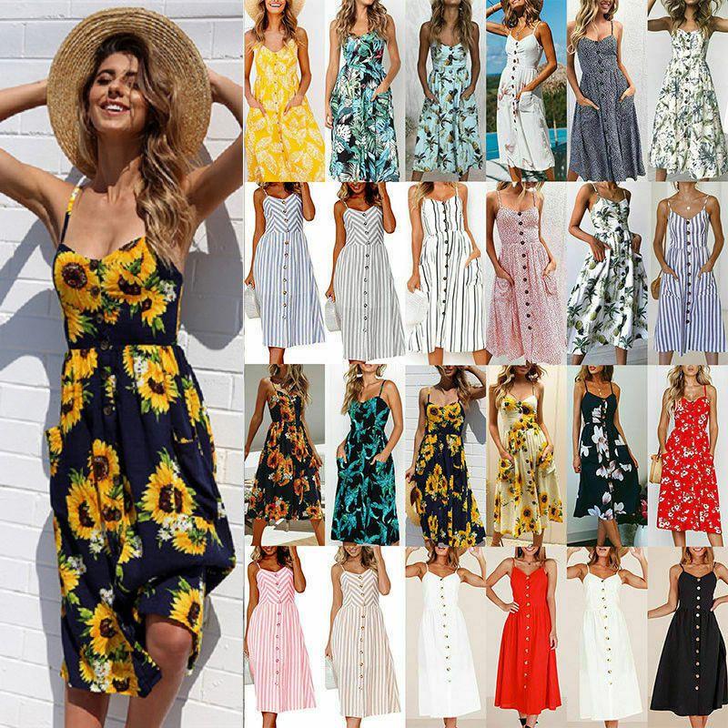 Stylish Boho Women's Summer Beach Midi Dress With Strappy Design And Button Pockets