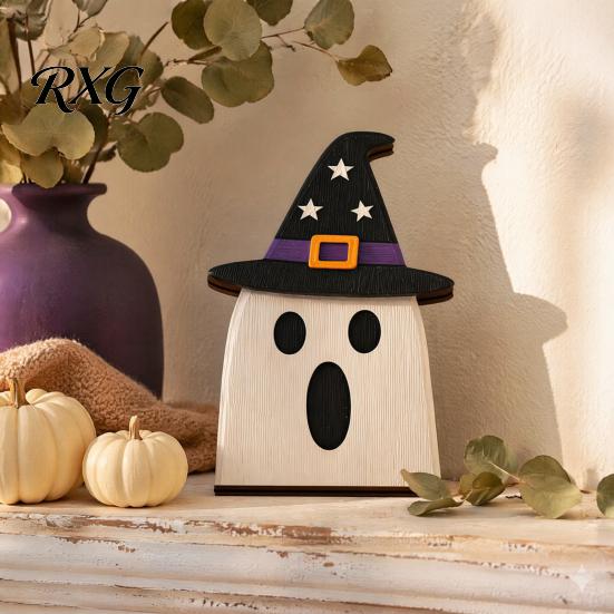 Halloween Desk Ornaments Wooden BOO Decoration for Tiered Trays, Creative Vintage Style Decor Solid Wood Tabletop Centerpieces Party Boo Sign