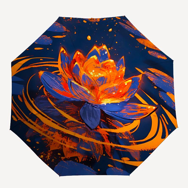 1pc Lotus Pond Automatic Open/close Folding Compact Umbrella, 8-Rib Sturdy Canopy, Lightweight Portable, Everyday Use, Gift, Outdoor Umbrella, Travel