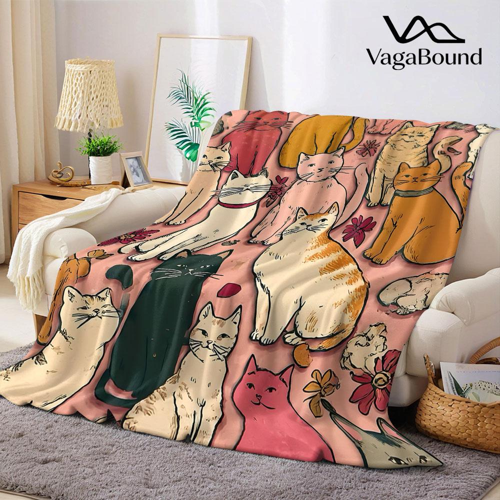 Vintage Cat Pattern Flannel Blanket Warm Soft Halloween Christmas Decorative Couch Warm Cozy All-Season Gift