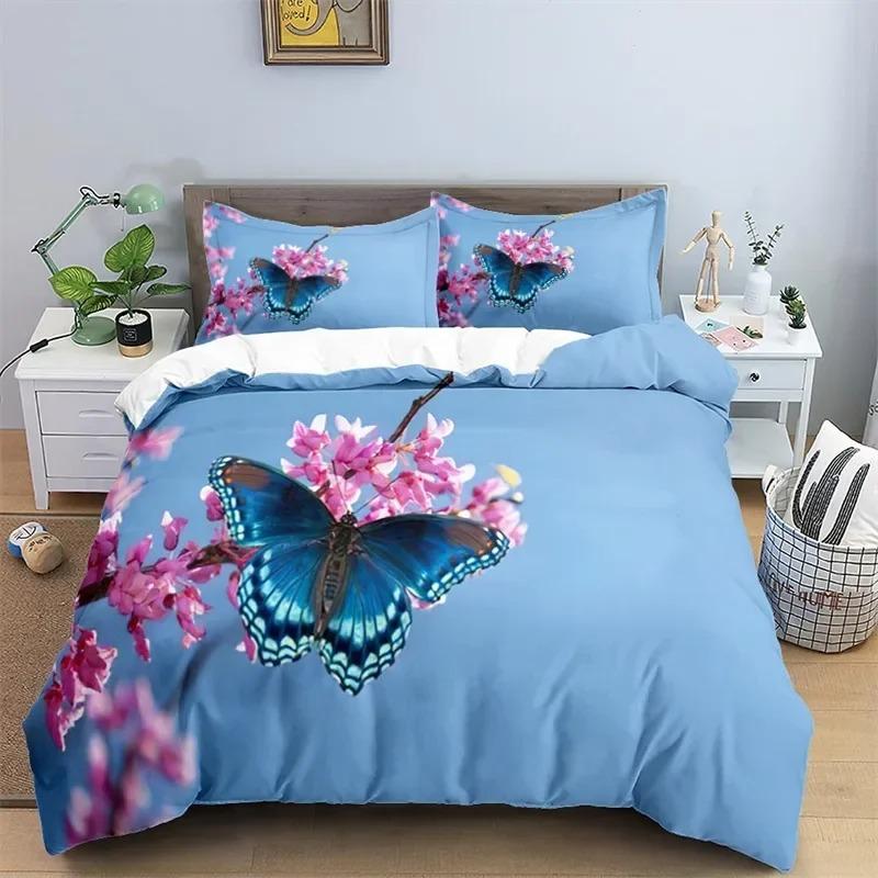 Soft Butterfly Floral Duvet Cover Queen Size 3D Print Bedding Set with Pillowcases for Adults Kids Girls Teens