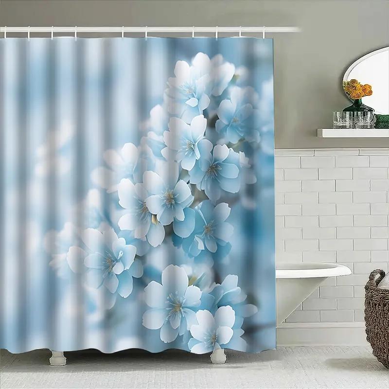 Blue Flower Pattern Shower Curtain for Bathroom Decor - Elegant and Soft Design for Your Home Waterproof Durable Easy-Clean