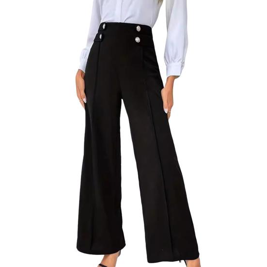 Women Pants High Waisted Wide Straight Leg Trousers Spring Autumn Casual Trousers with Button Detail for Work Daily Wear
