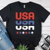 Retro USA Block Letters T-and Kids Tshirt | Red Blue Stars, Patriotic Fourth of July Tee