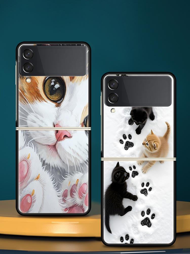 Cute Cat Hard PC Phone Case For Samsung Galaxy Z Flip 7 6 5 4 Black Cover For Galaxy Z Flip 3 Foldable Fundas Shell Capas Bags