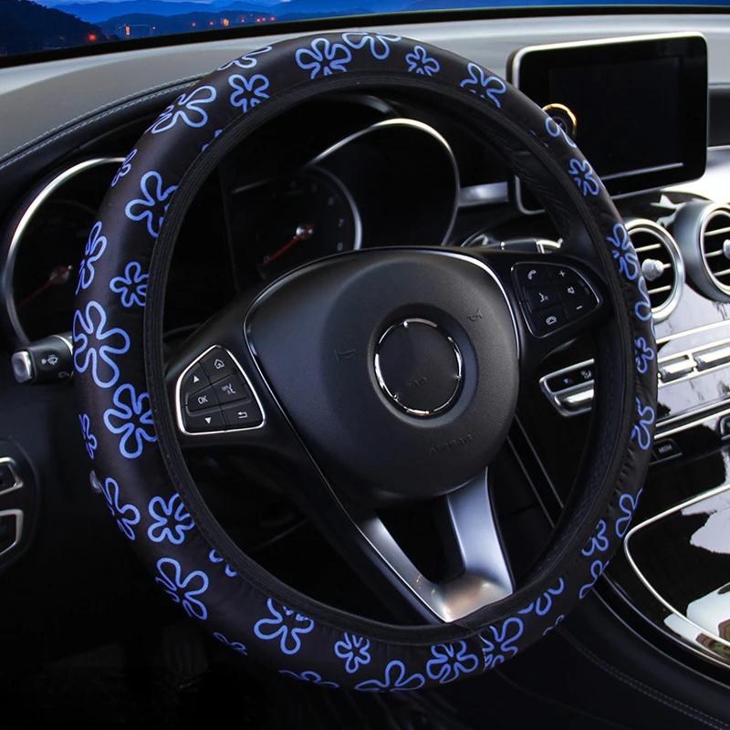 38cm Car Steering Wheel Cover Flowers Print Anti-slip Universal Auto Steering Wheel Protector Interior Accessories