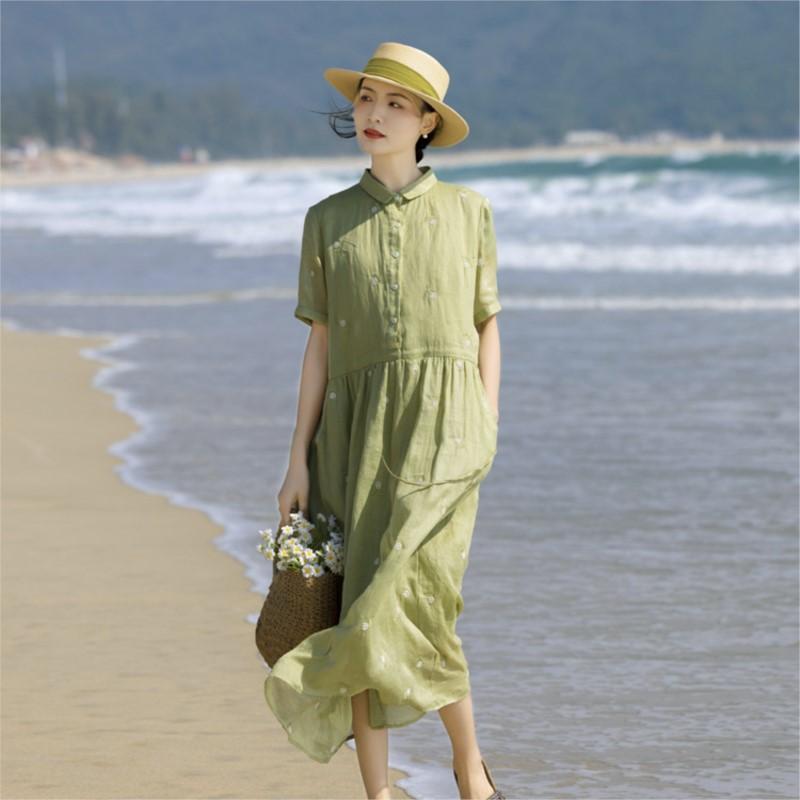 Johnature Woman Summer Personality Embroidery Loose Short Sleeves A-Line Dress Niche Loose Collar Floral Dress