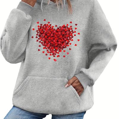 Women's Autumn and Winter Warm and Loose Casual Heart-shaped Printed Velvet Long Sleeved Hooded Sweatshirt