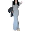 PHOLEEY Long Sleeve Solid Tight Ankle Bodycon Women's Dress, U-Neck, Color, Dress, Length, Slimming, Casual, Stylish, Sexy, Dress, Gray, Fall/Winter