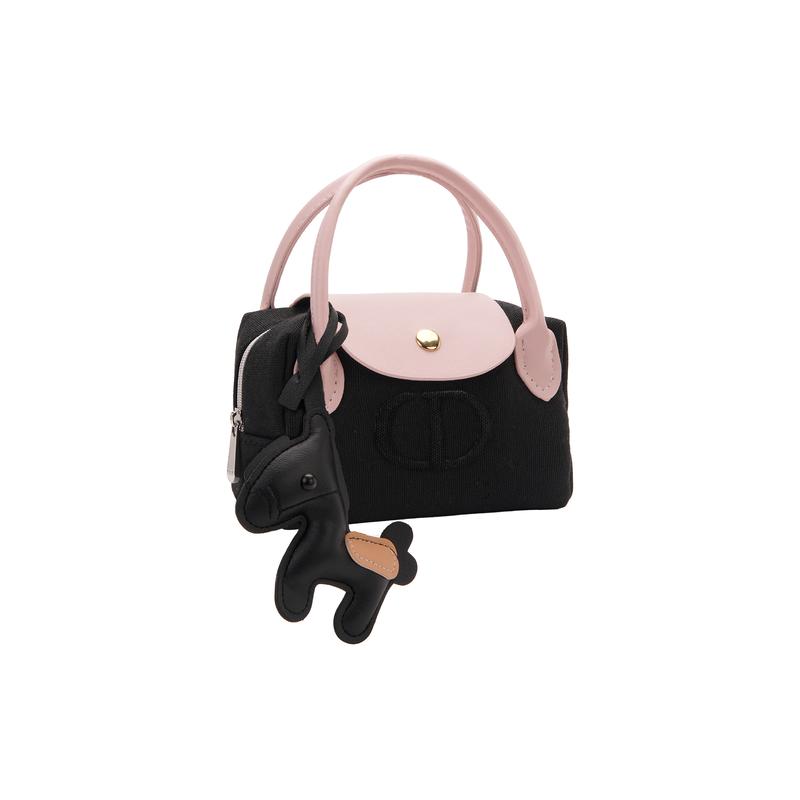 Dior [Gepersonaliseerde Cosmetische Tas] Zwart Roze Pony Polyester Vezel Eenvoudig Zoet en Cool Dagelijks Veelzijdig Draagbaar Zwarte Handtas Opberging