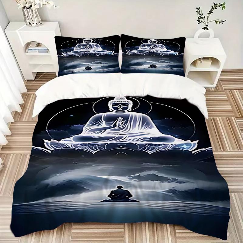 3pcs Buddha Statue Comforter Set with One Quilt Cover and Two Pillowcases (No Core) - Anime Cartoon Design, Perfect for Bedroom and Guest Room Decorat