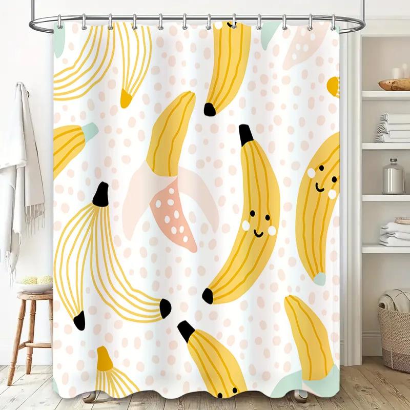 Happy Bananas Shower Curtain Waterproof Fabric Bathroom Decor For Kids Room Yellow Cartoon Fruit Print Design