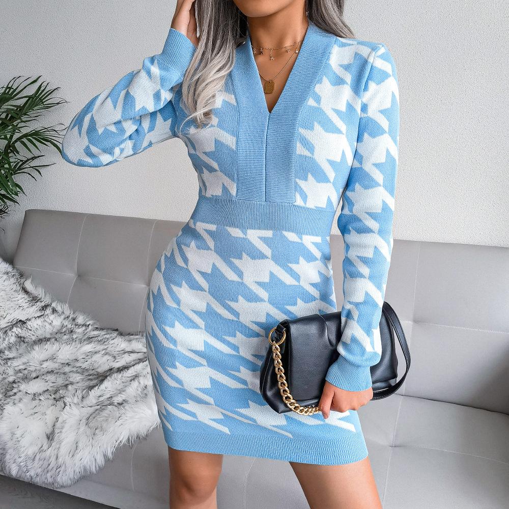 Women Autumn Winter Houndstooth Pack Hip V Neck Long Sleeve High Waist Knitted Dress S-L