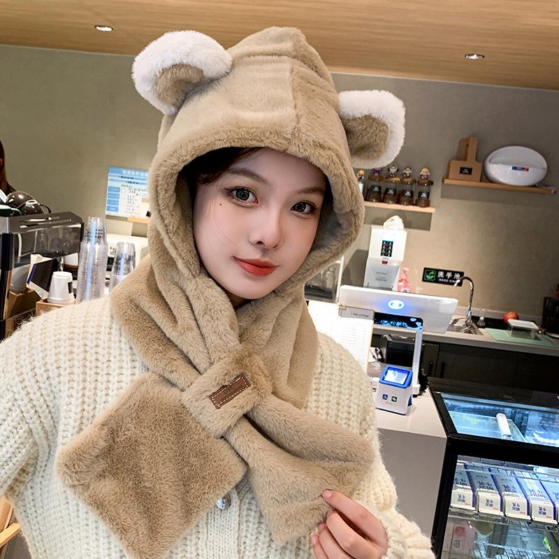 Plush Hat and Scarf All In One Women's Winter Bear Scarf Hat Winter Furry Cycling Windproof and Warm Ear Protection Hat