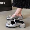 Rhinestone Square Buckle Bag Head Half Slippers Women's Summer Wear 2025 New Fashion Thick Heel Silver Super Fire Mary Jane Shoes