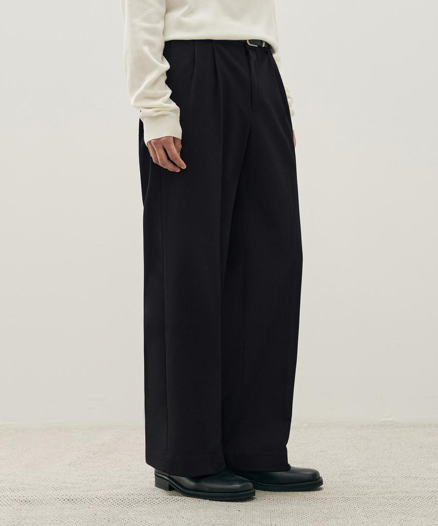 DRAW FIT Double-Pleated Elastic Wide Slacks [Black]