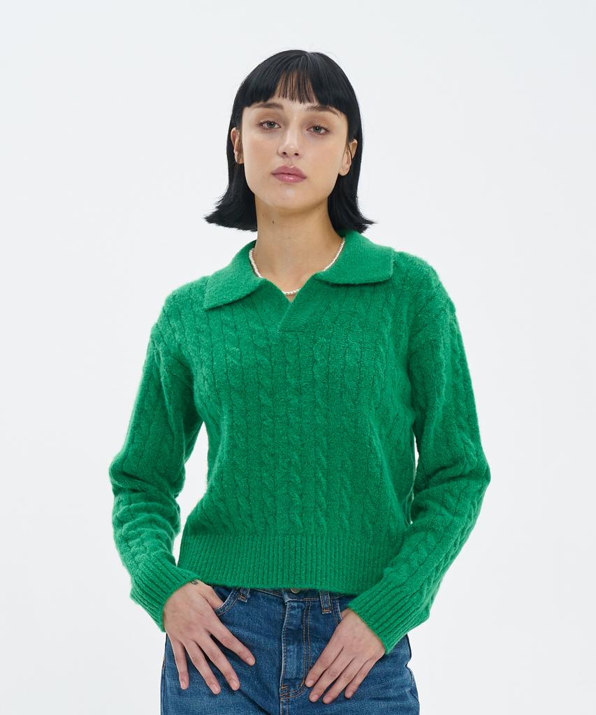 BLOND9 Cable Open Collar Knit_Hunter Green