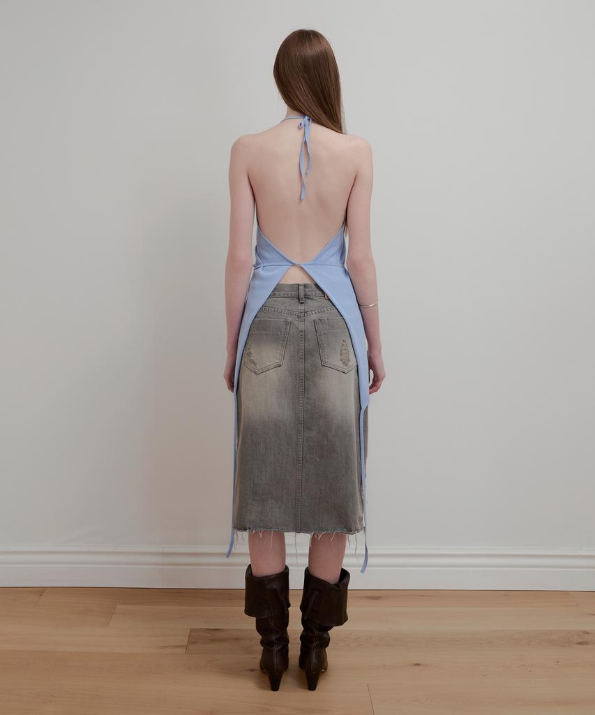 Aobteu Vintage Washed Denim Skirt - Gray