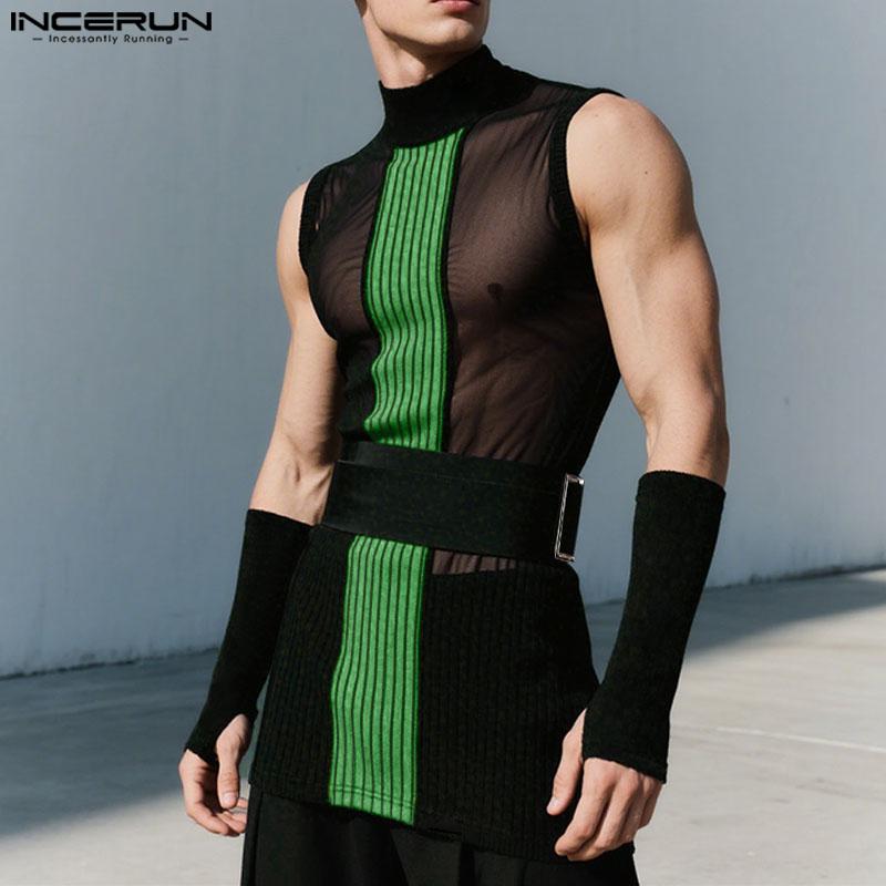 INCERUN Men Sleeveless Striped Stitching Mesh Sheer Fitted Tank Tops with Oversleeve