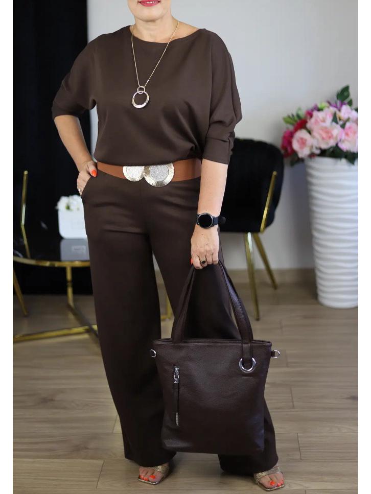 2025 Women's Solid Color Round Neck Long Sleeve Top and Belted Pants 3-Piece Set