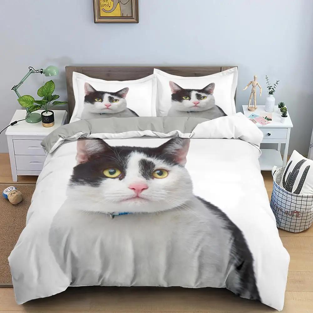 Parure de lit à motif animal 3D, ensemble de literie à motif de chat mignon, housse de couette en polyester, taille King, Twin, simple, textile pour la maison, chaton