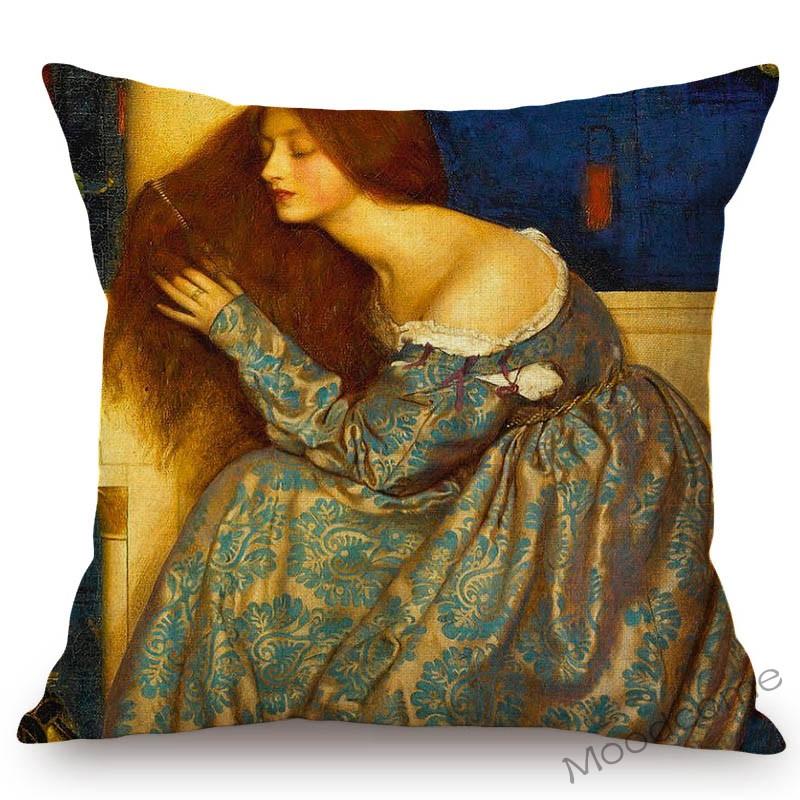 World Famous Painting Home Decorative Sofa Pillow Case Pre-Raphaelite Young Lady Vanity Oil Painting Art Linen Cushion Cover