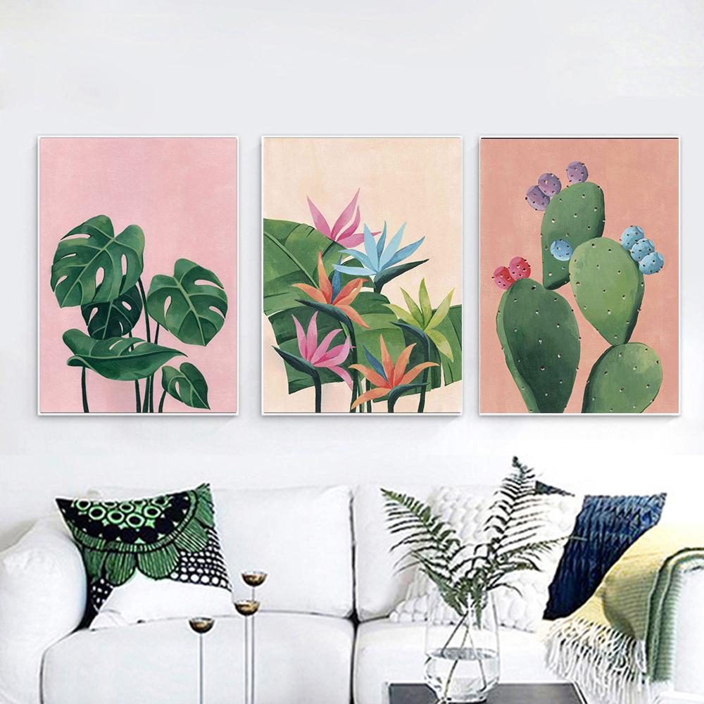 Plant Cactus Monstera Wall Art Canvas Painting Abstract Plant Nordic Posters and Printed Female Cat Images