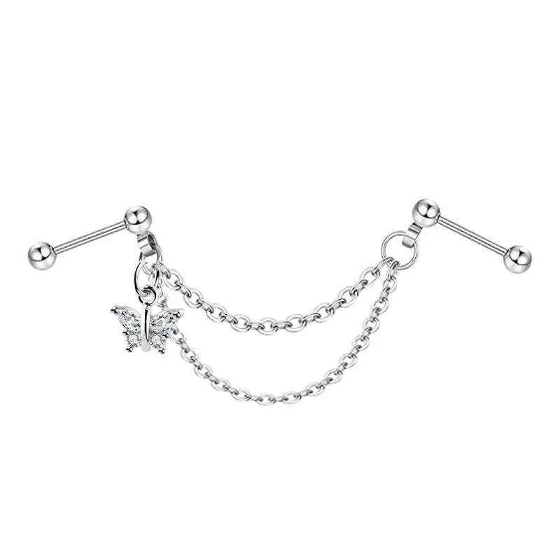 Screw Ball Fashion Piercing Earrings Stainless Steel L Chain Zircon Moon Heart-shaped Earbone Stud
