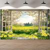 2D Cherry Blossom Yellow Daisy Meadow Window View Photography Background Cloth