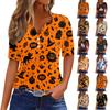 Women's Casual Halloween Print V Neck Short Sleeve Button Down T Shirt Top Lightweight Comfortable Fit