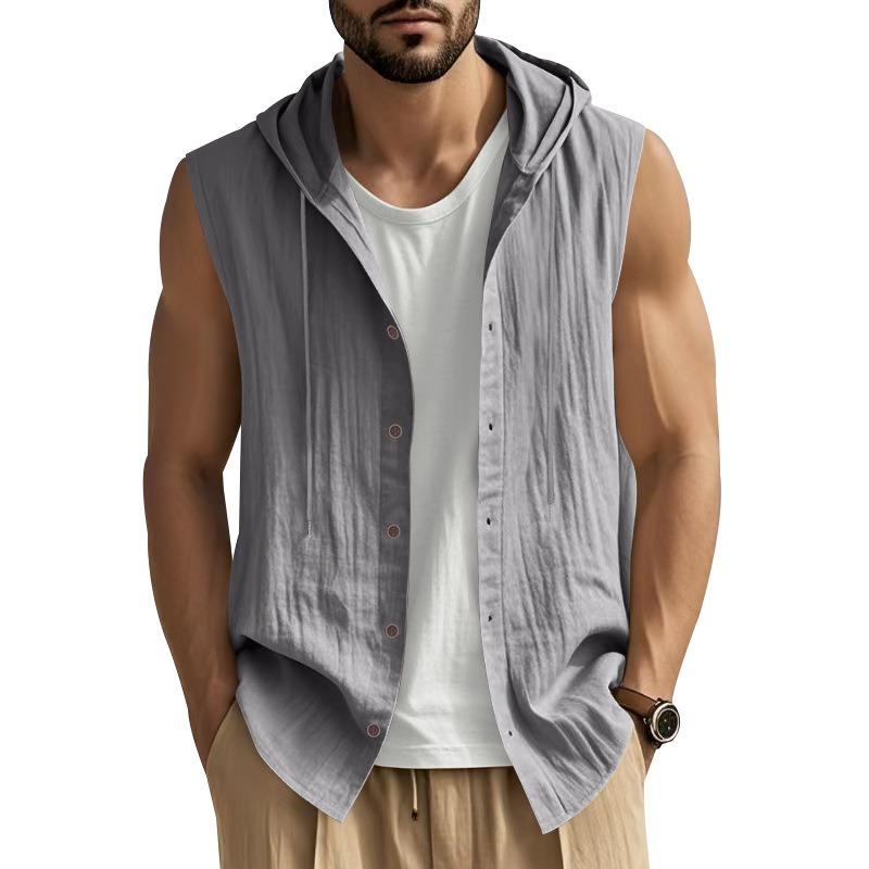Summer Men Linen Blend Hooded Sleeveless Shirt Multi Color Casual Vest
