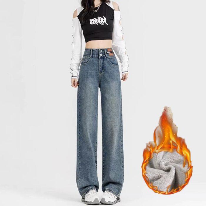 Small Narrow Version Straight Wide-leg Jeans for Women In Autumn and Winter New Style of Hip-covering High Waist Plus Velvet Thickened Casual Jeans