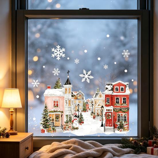 Christmas Window Clings Static Clings, Snowy Town House Snowflake Glass Decals, Reusable Glue Free Adsorption Xmas Stickers, Holiday Decor for