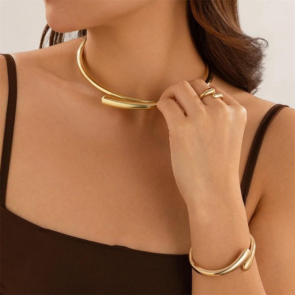 Metal Open Cuff Bangle Adjustable Women Rings Fashion Choker Necklace  Party Grunge Jewelry Set