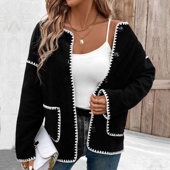 Herbst Frühling Damen Mantel Zickzackkante Einreihig Knöpfe Locker Farbpassender Cardigan