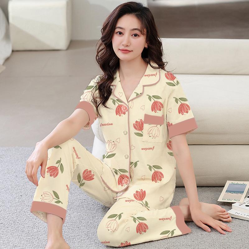 Green Women's Thin Pajamas, Spring and Autumn Short-sleeved Trousers, Two-piece Set, Summer Mother's Clothing, Loungewear Can Be Worn Outside