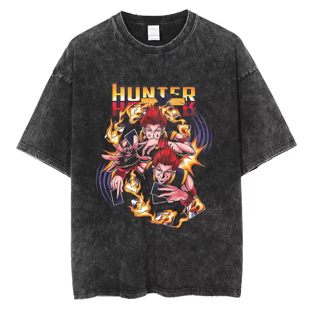 Heißer Verkauf Anime HUNTER×HUNTER Vintage Gewaschenes T-Shirt Herren Damen Lässig Retro Locker Baumwoll-T-Shirt Harajuku Hip Hop Punk T-Shirt