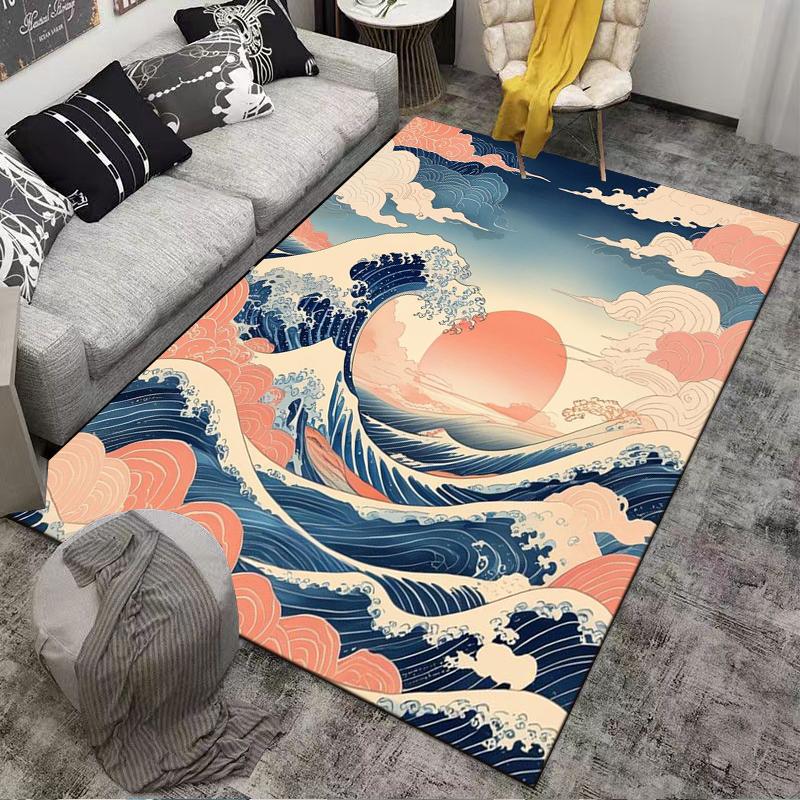 Japanese Wave and Red Sun carpet Non-slip rug suitable for living room and bedroom sofas