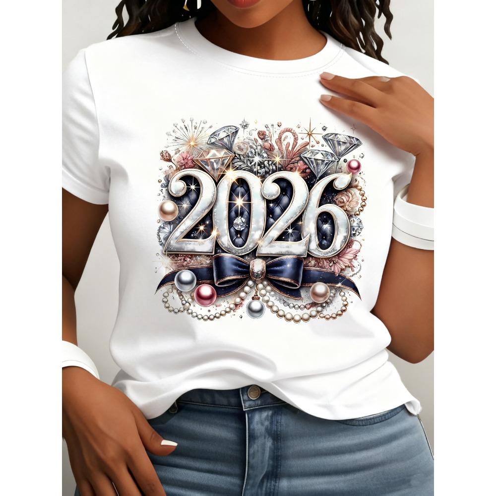 [Women's 2026 Happy New Year Tee] Women's Fashion 2026 Happy New Year Gorgeous Letter Pattern Printed T-Shirt Shirt