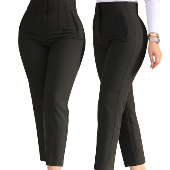 High Waist Pleated Pockets Ninth-Length Women Trousers Solid Color Straight Leg Suit Pants