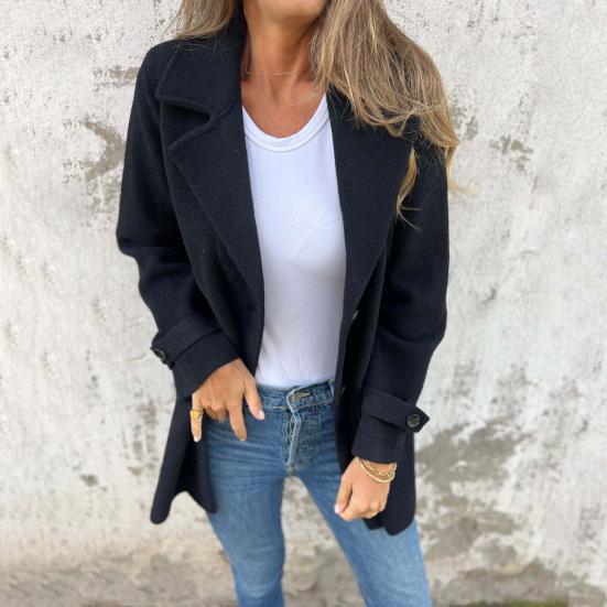 Fall Winter Women Jacket Turn-down Collar Mid Length Single-breasted Solid Color Fake Pockets Commuting Daily Wear