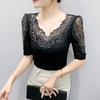 Tricou de vară nou de lux strălucitor cu diamante fierbinți pentru femei, cu broderie cu flori, elegant cu decolteu în V, cu aplicații de dantelă, topuri cu mâneci medii transparente pentru femei