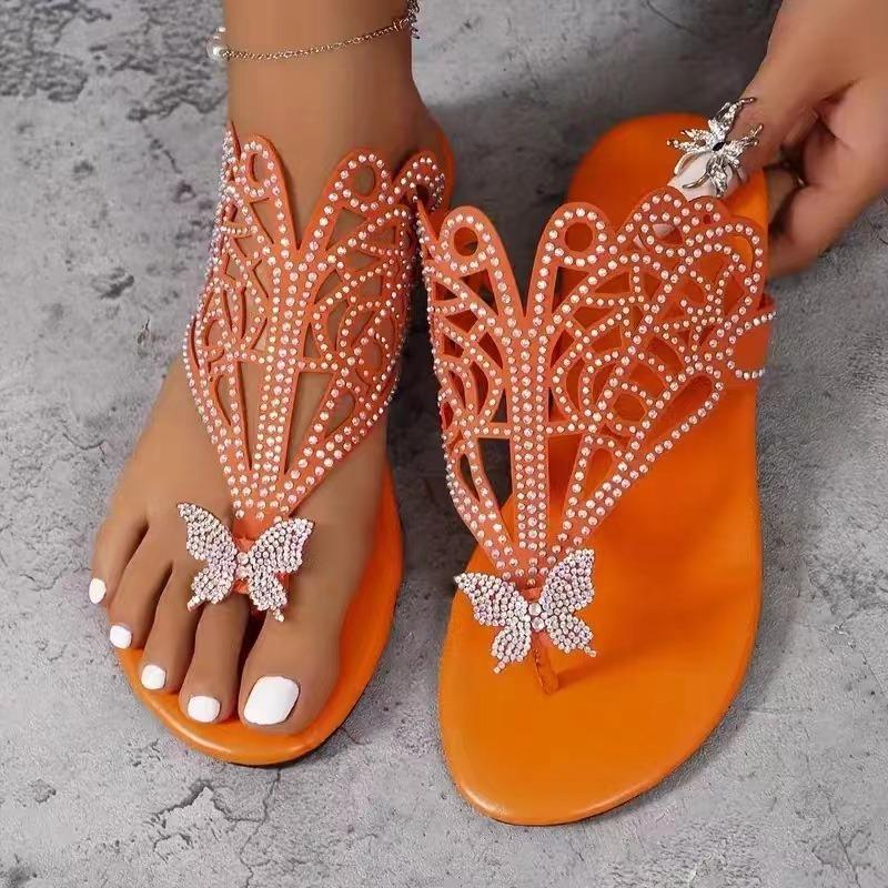 Women's Rhinestone & Butterfly Decor Slide Sandals, Casual Clip Toe Flat Summer Shoes, Lightweight Hollow Out Design Slide Sandals