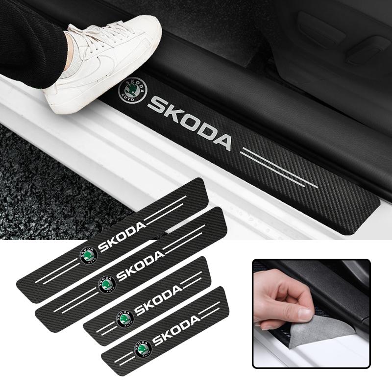 DROQ8 Car Door Sill Stickers Carbon Fiber Leather Anti-stepping Protector For Skoda Octavia VRS Rapid Kodiaq Fabia Karoq Superb Scala