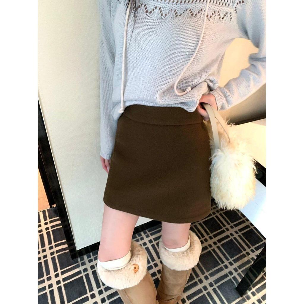 Coffee Wool Blend Midi A-Line Skirt: High-Waisted, Slimming, Anti-Exposure, Thickened for Spring/Autumn, Hip-Hugging Mini Skirt for Women